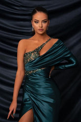 Glamorous Long Dark Green One Shoulder Beading Lace Long Sleeve Prom Evening Dresses with Slit